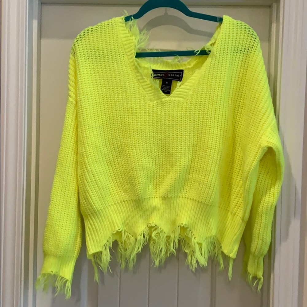 Polly & Esther Neon Yellow Distressed Knit Sweater